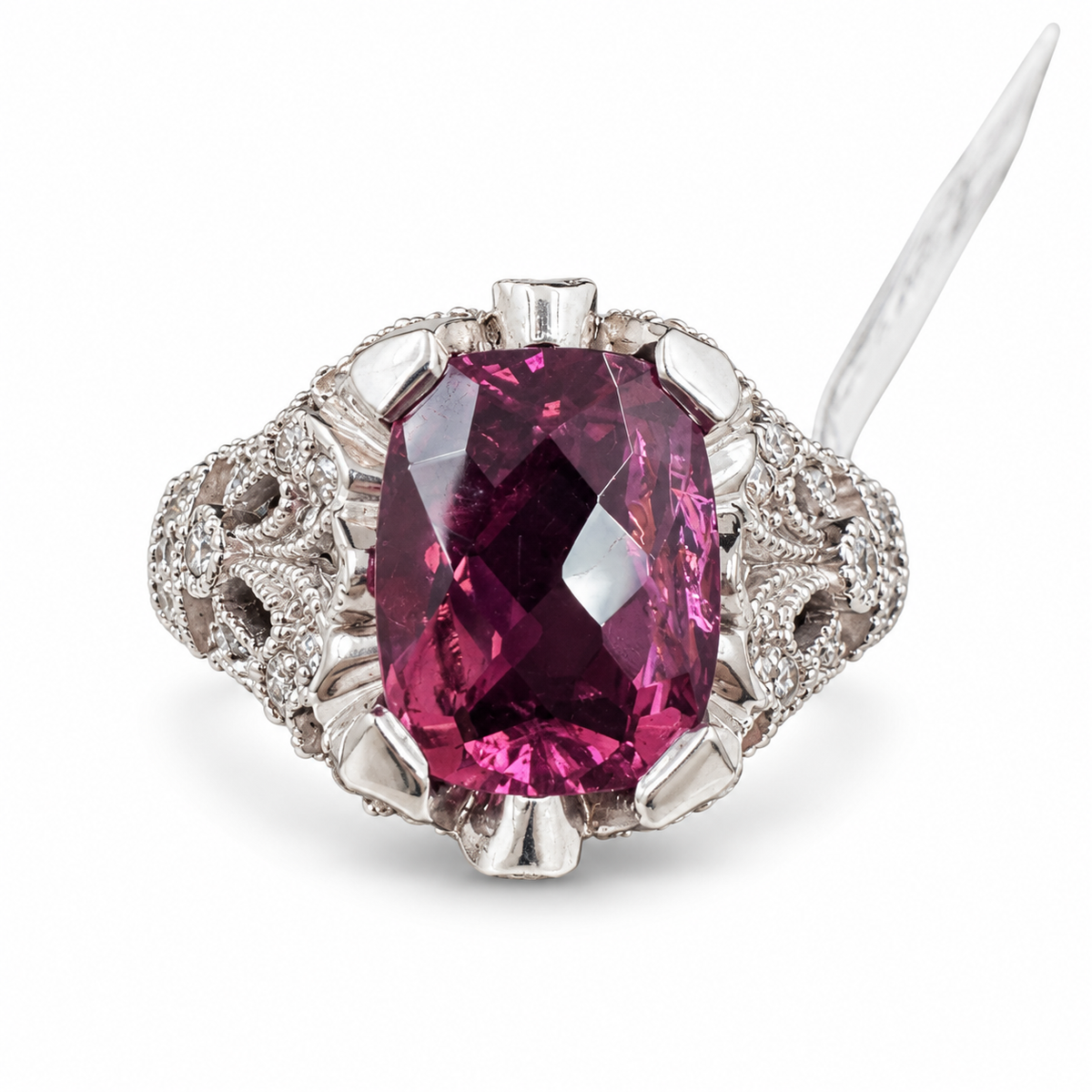 14K White Gold Ring with 6.00 Ct. Rubellite and Diamonds. (Size 6.50)