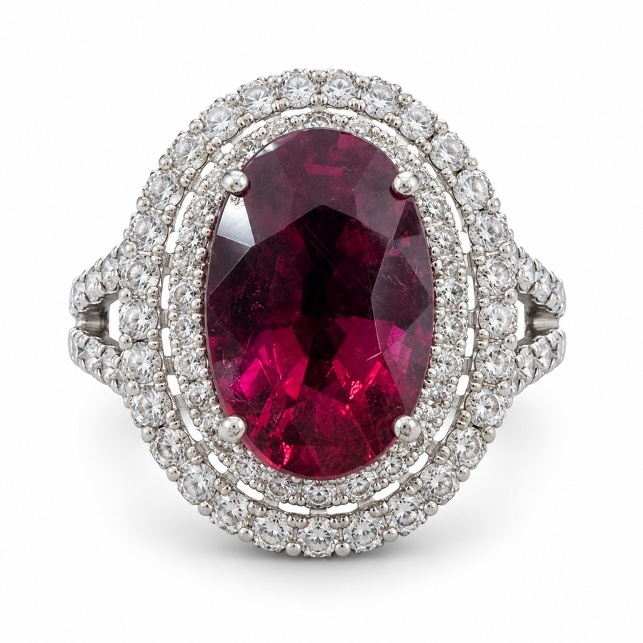 14K White Gold Ring with 7.00 Ct. Rubellite and Diamonds. (Size 6.75)