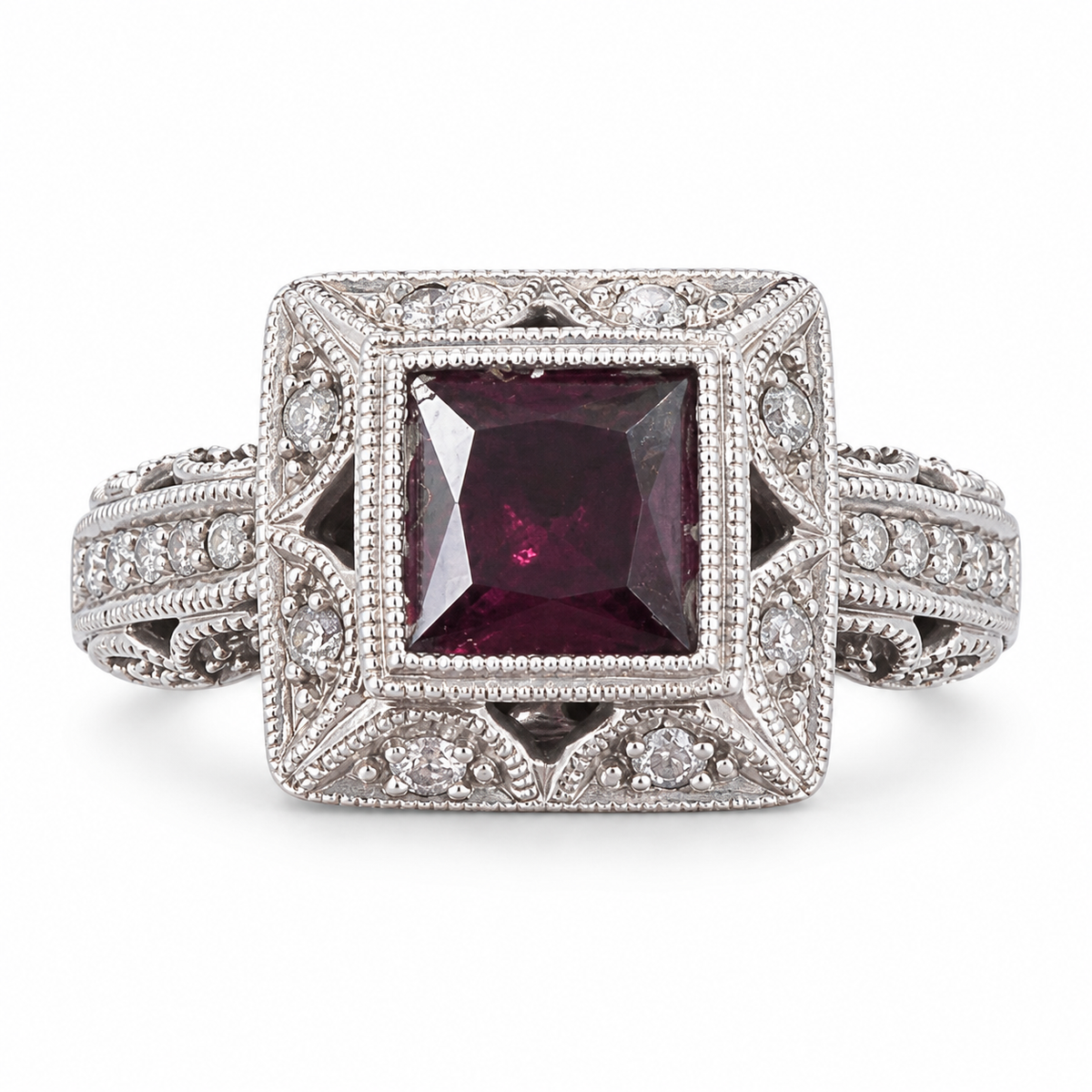 14K White Gold Ring with Garnet and Diamonds. (Size 7.75)