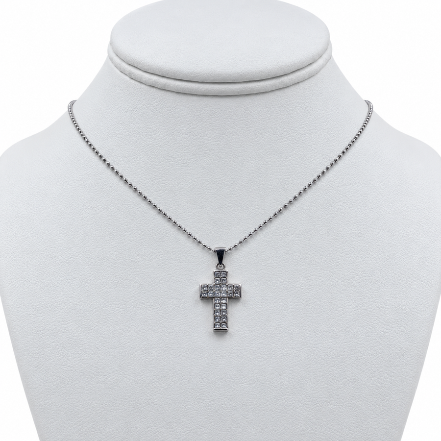 14k White Gold Cross Pendant with Diamonds and 14" Necklace.