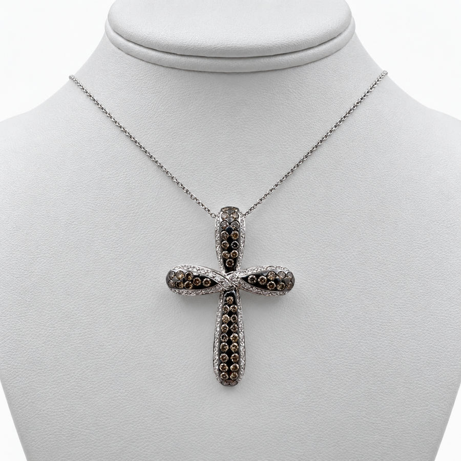 14k White Gold Cross Pendant with Treated Yellow Diamonds and 15" Necklace.