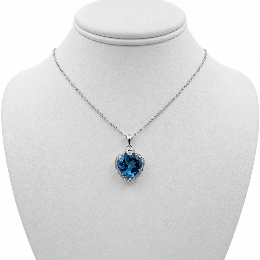 14k White Gold Heart Pendant with Blue Topaz and 16" Necklace.