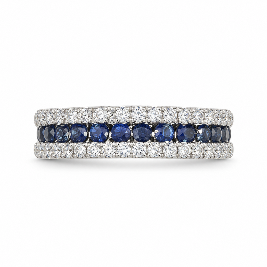18K White Gold Band with Round Sapphires and Diamonds. (Size 6.75)