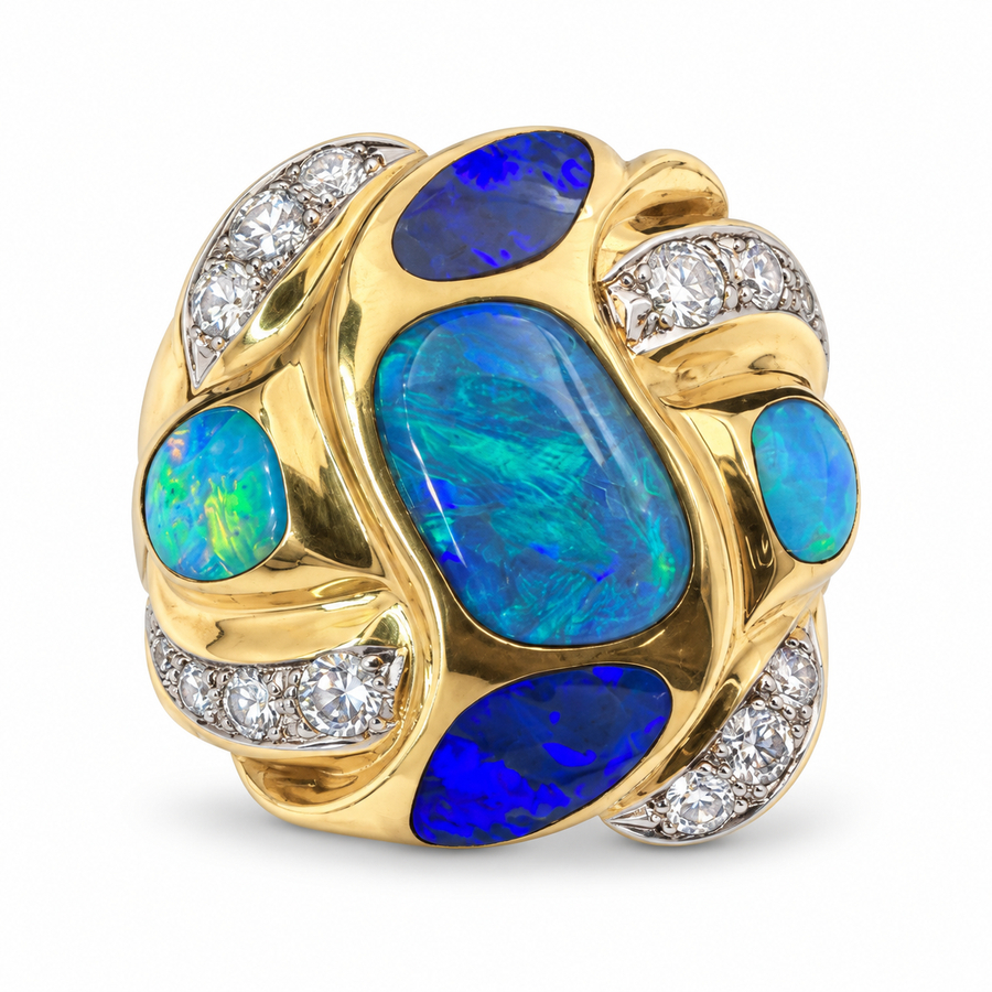 18K Yellow Gold Ring with Australian Opals Lapis and Diamonds. (Size 11.00)