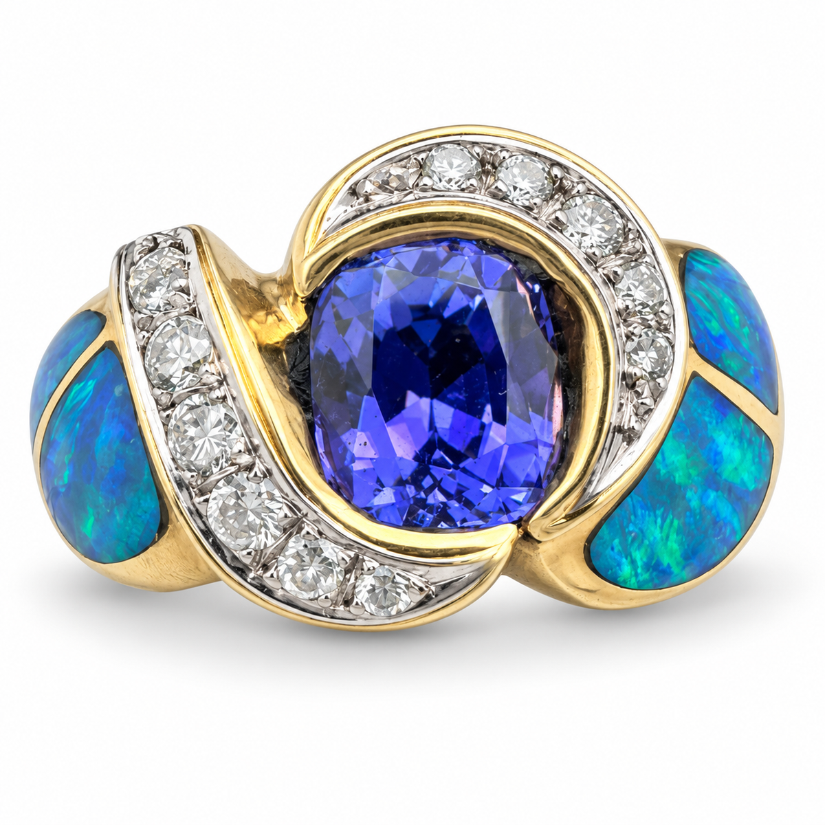 18K Yellow Gold Ring with Australian Opals Tanzanite and Diamonds. (Size 6.00)