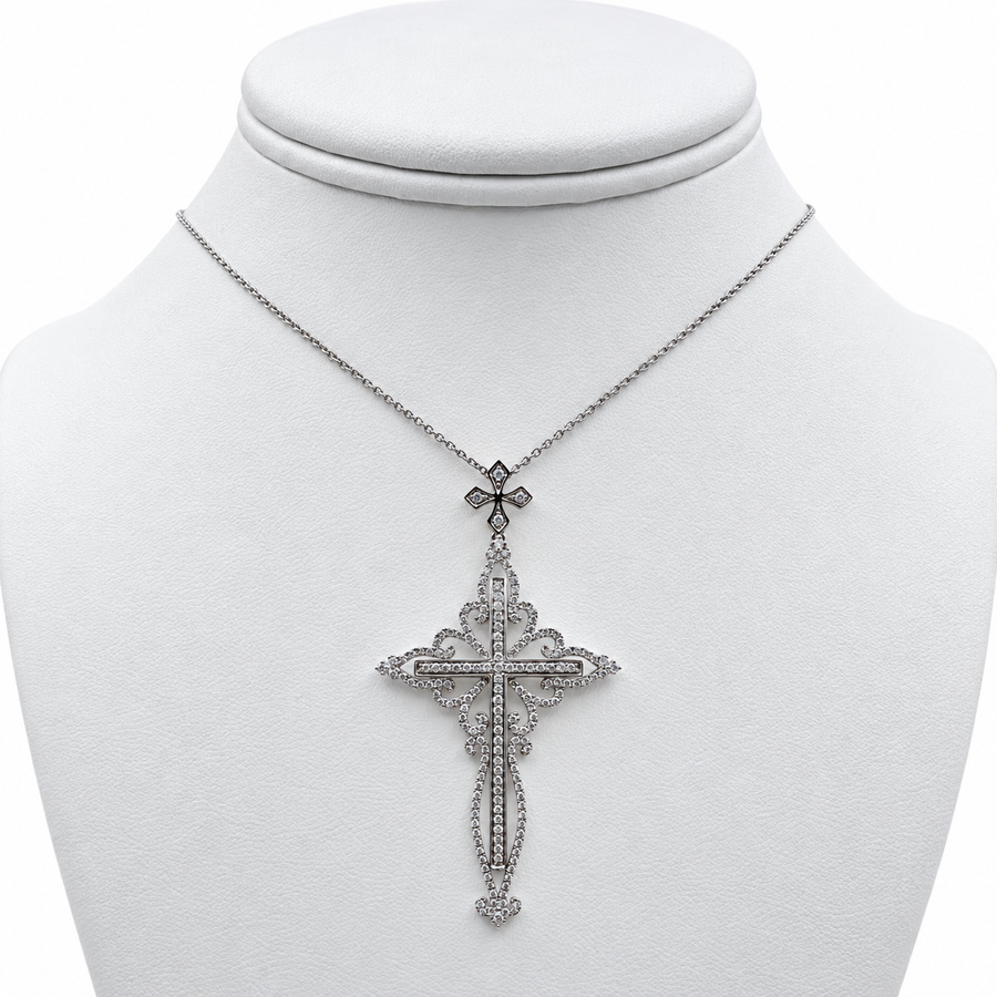 18k White Gold Cross Pendant with Diamonds and 15" Necklace.