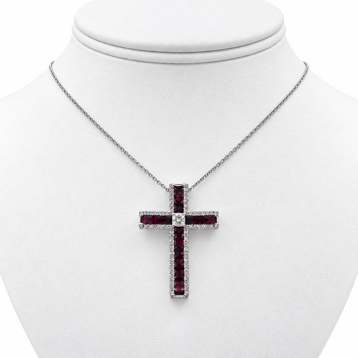 18k White Gold Cross Pendant with Diamonds and Rubies with 14" Necklace.