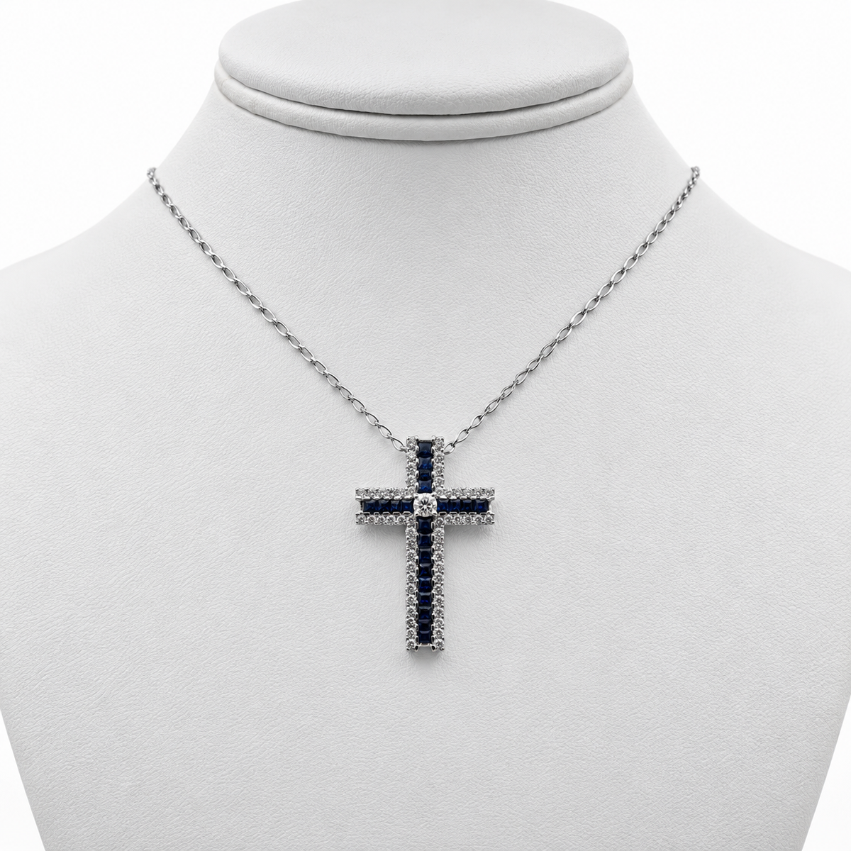 18k White Gold Cross Pendant with Diamonds and Sapphires with 14" Necklace.