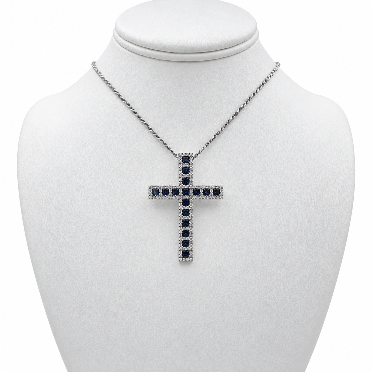 18k White Gold Cross Pendant with Diamonds and Sapphires with 17" Necklace.