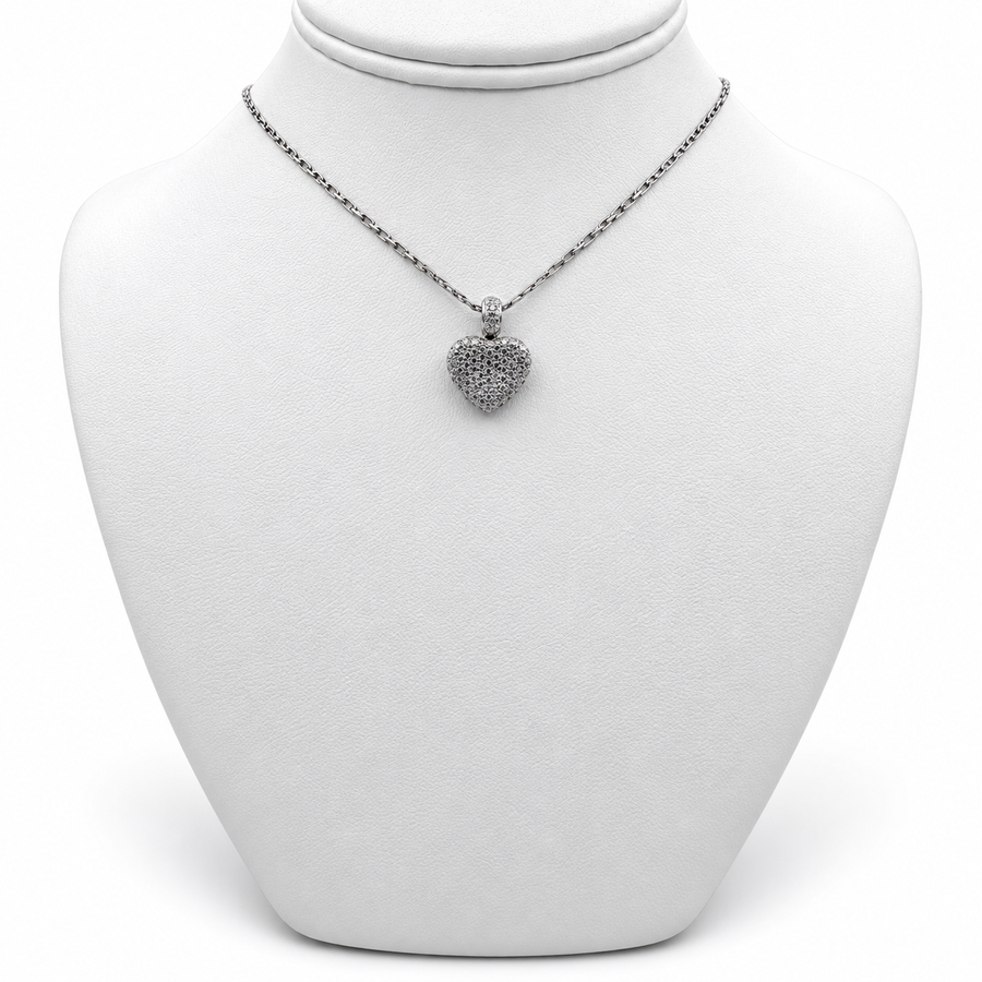 18k White Gold Heart Pendant with Diamonds and 15" Necklace.