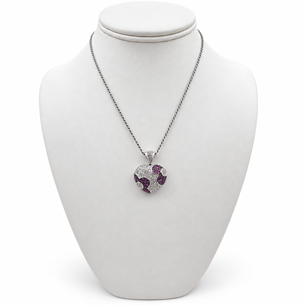 18k White Gold Heart Pendant with Diamonds and Pink Sapphires 14" Necklace.