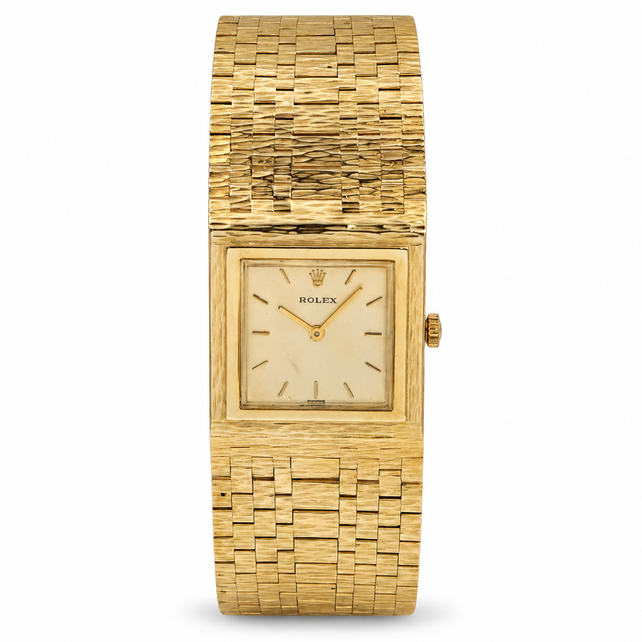 1950's Unisex Rolex 25mm Vintage 14K Yellow Gold Watch with Gold Dial and Gold Mesh Bracelet. (Pre-Owned)
