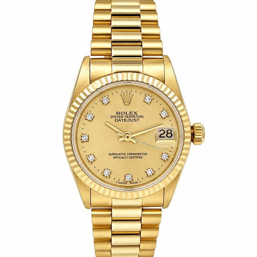 *1987 Ladies Rolex Midsize 31mm DateJust 18K Yellow Gold Watch with Diamond Champagne Dial and Fluted Bezel. (Pre-Owned 68278)
