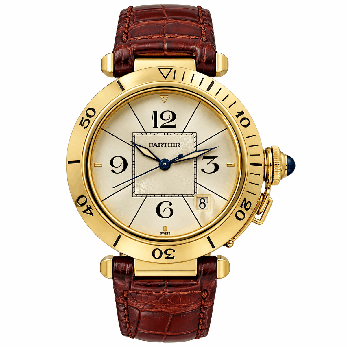 *1990's Cartier Pasha 18K Yellow Gold 38mm Arabic Numeral Automatic Watch with Brown Leather Strap and Ivory Dial. (Pre-Owned 1991)
