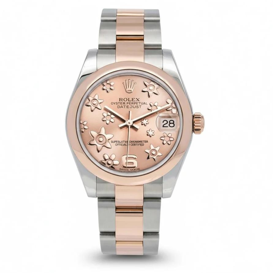 *2014 Ladies Rolex 31mm Midsize DateJust Two Tone 18K Rose Gold / Stainless Steel Watch with Pink Floral Motif Dial and Smooth Bezel. (Pre-Owned Box/Card 178241)