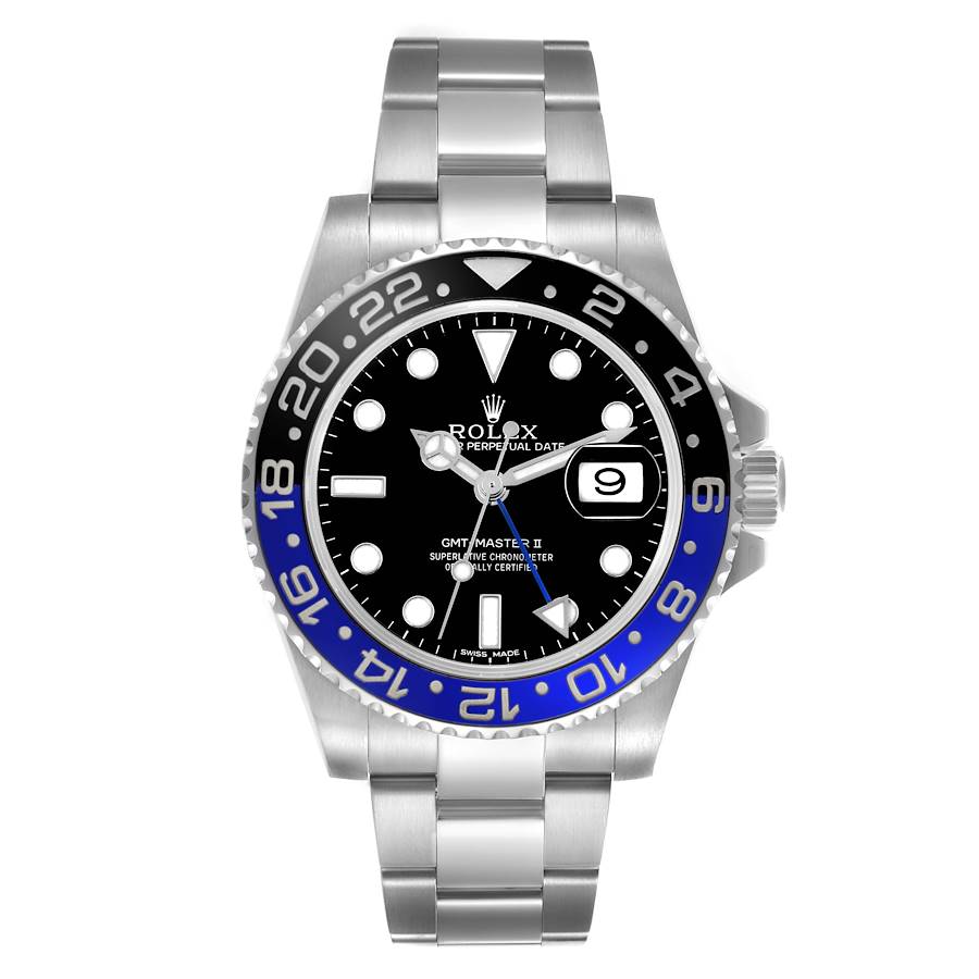 Men's Rolex 40mm GMT Master II "Batman" Oyster Stainless Steel Watch with Black Dial and Blue / Black Bezel. (Pre-Owned Box/Card 116710)