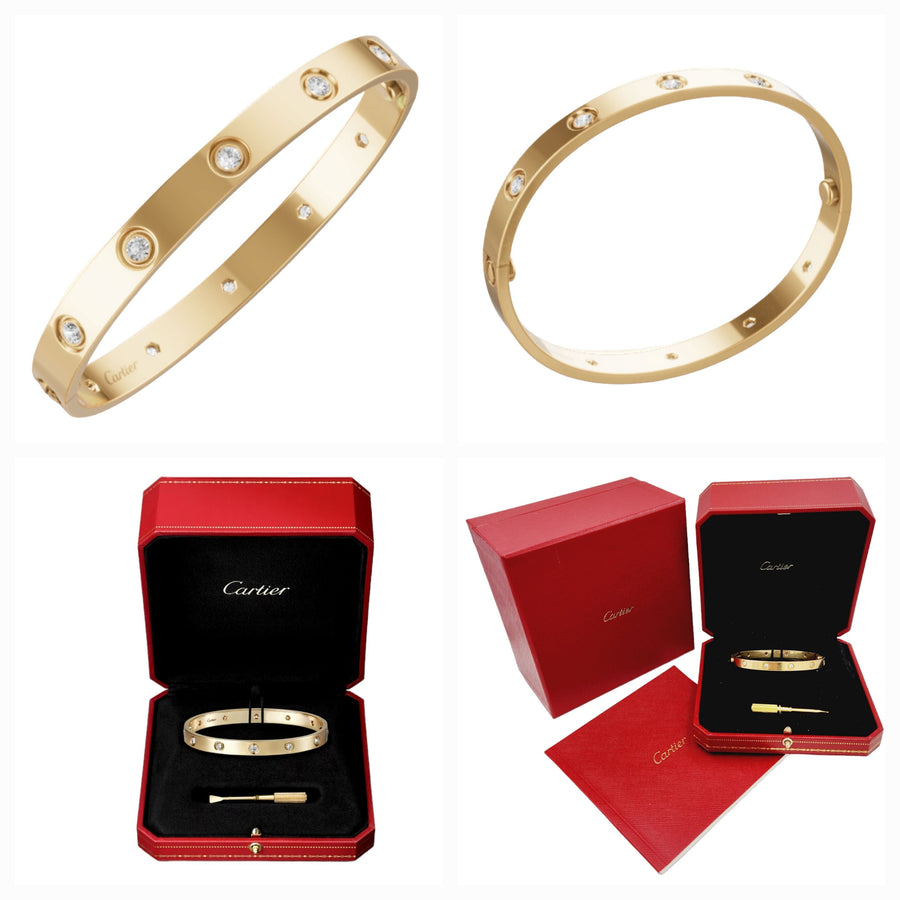 Ladies Cartier Love Bracelet with 10 Diamonds in 18K Yellow Gold - Includes Screwdriver, Cartier Box, and Cartier Paper. (Size 19 | CRB6040519)