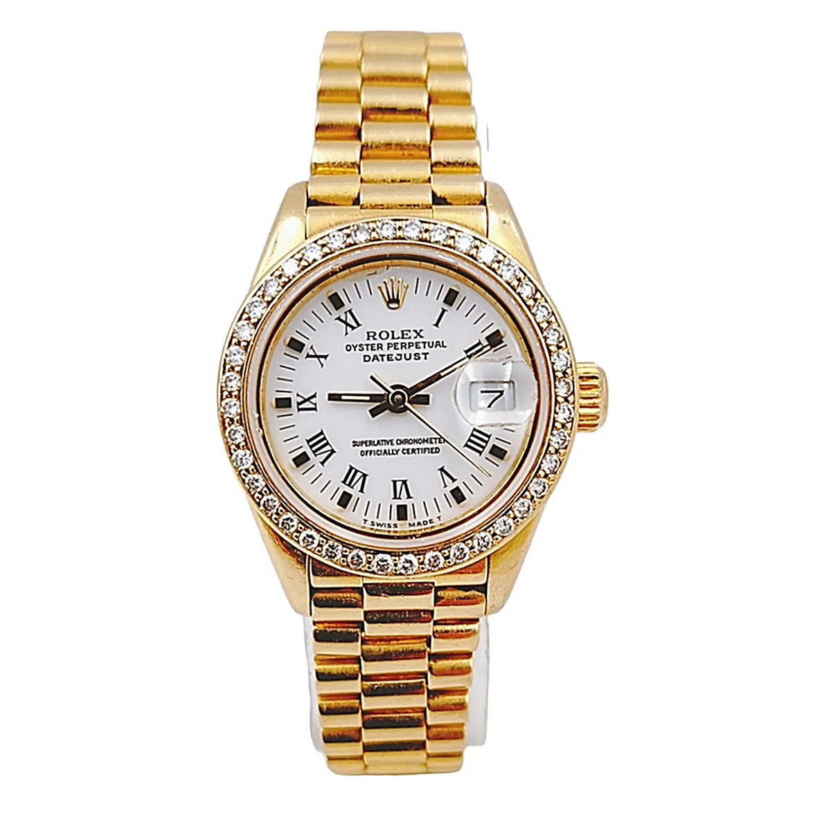 *Ladies Rolex 26mm Presidential 18K Yellow Gold Watch with White Roman Numeral Dial and Diamond Bezel. (Pre-Owned Box/Paper 69178)