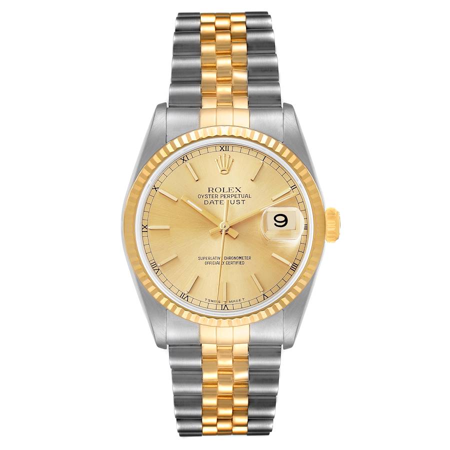 *Men's Rolex 36mm DateJust Two Tone 18K Yellow Gold / Stainless Steel Watch with Fluted Bezel and Champagne Dial. (UNWORN Box/Paper 16233)