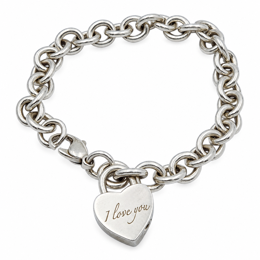 Tiffany & Co. Sterling Silver I Love You Heart Charm with Rolo Link 7" Bracelet. (Pre-Owned)