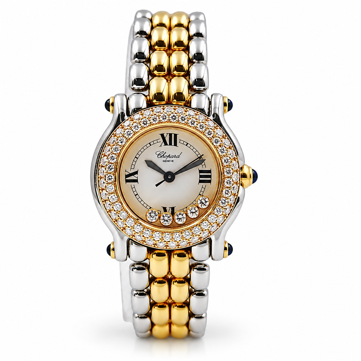 *Ladies Chopard 26mm Happy Sport Five Diamond 18K Yellow Gold / Stainless Steel Watch with White Dial and Diamond Bezel. (Pre-Owned 27/8251-23)