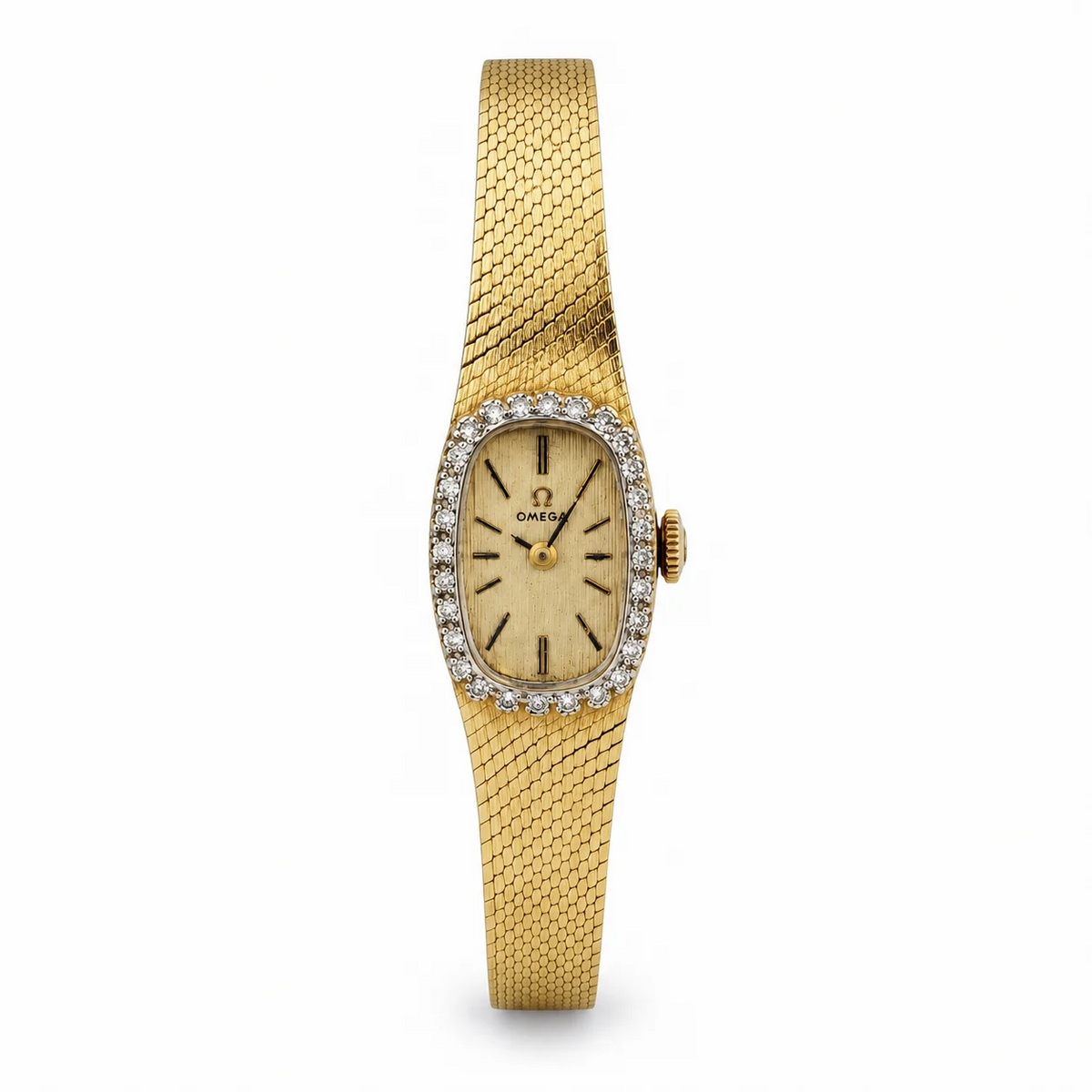 Ladies Omega Vintage 14K Yellow Gold Automatic Watch with Mesh Band Gold Dial and Diamond Bezel. (Pre-Owned)