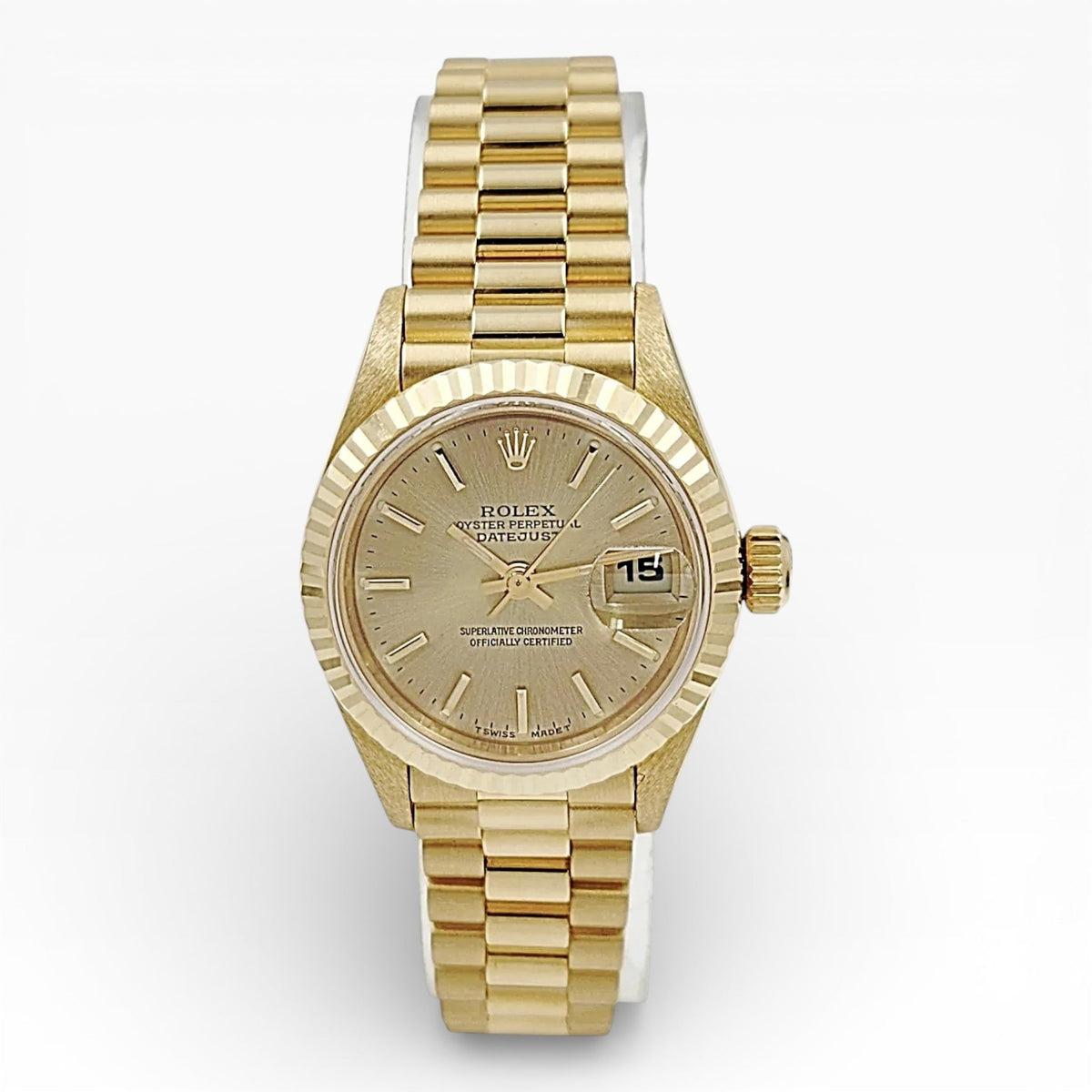 *1998 Ladies Rolex 26mm Presidential 18K Solid Yellow Gold Watch with Champagne Dial and Fluted Bezel. (UNWORN Box/Paper 69178)