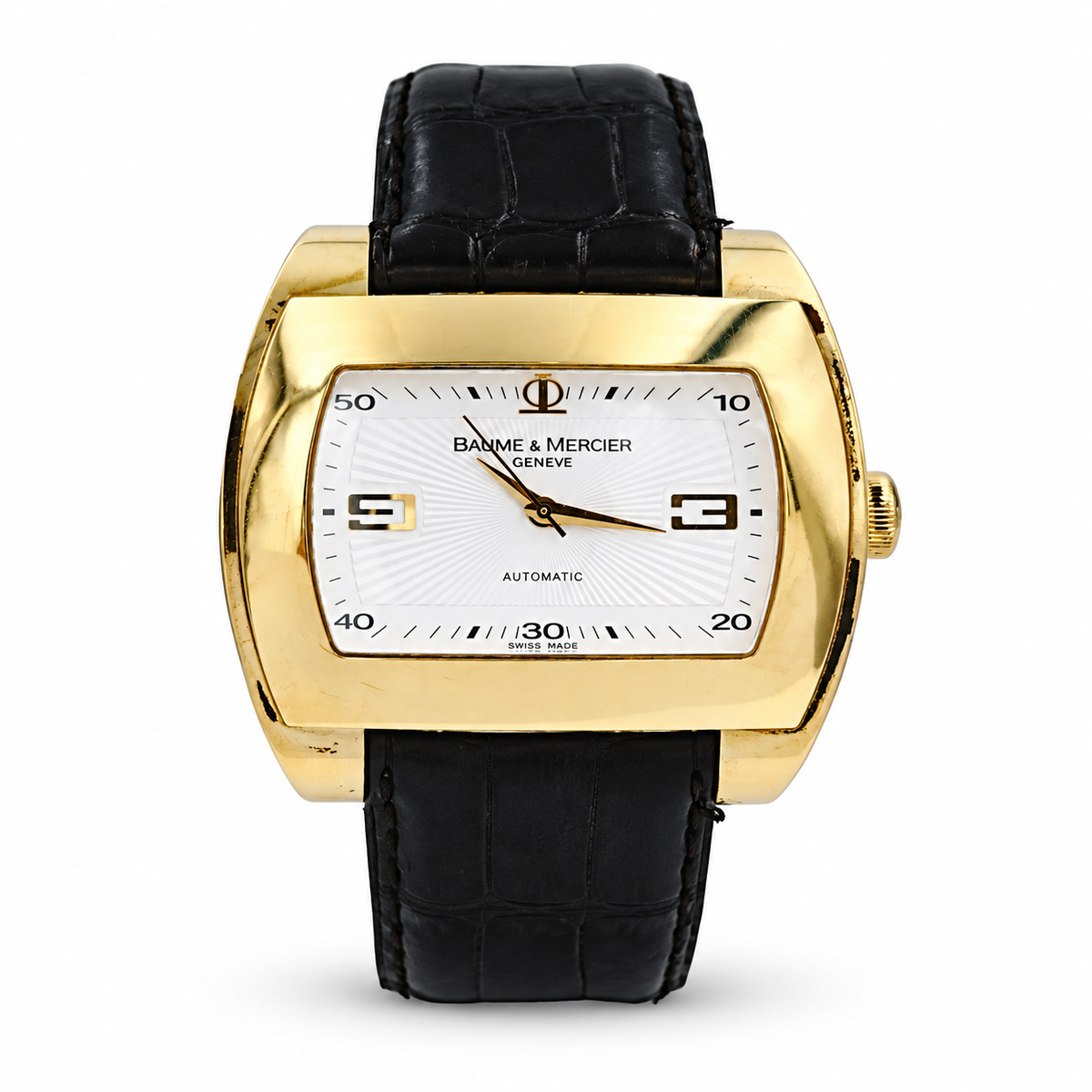 Men's Baume & Mercier 38mm x 42mm Hampton 18K Solid Yellow Gold Automatic Wristwatch with Black Leather & Silver Dial. (Pre-Owned)