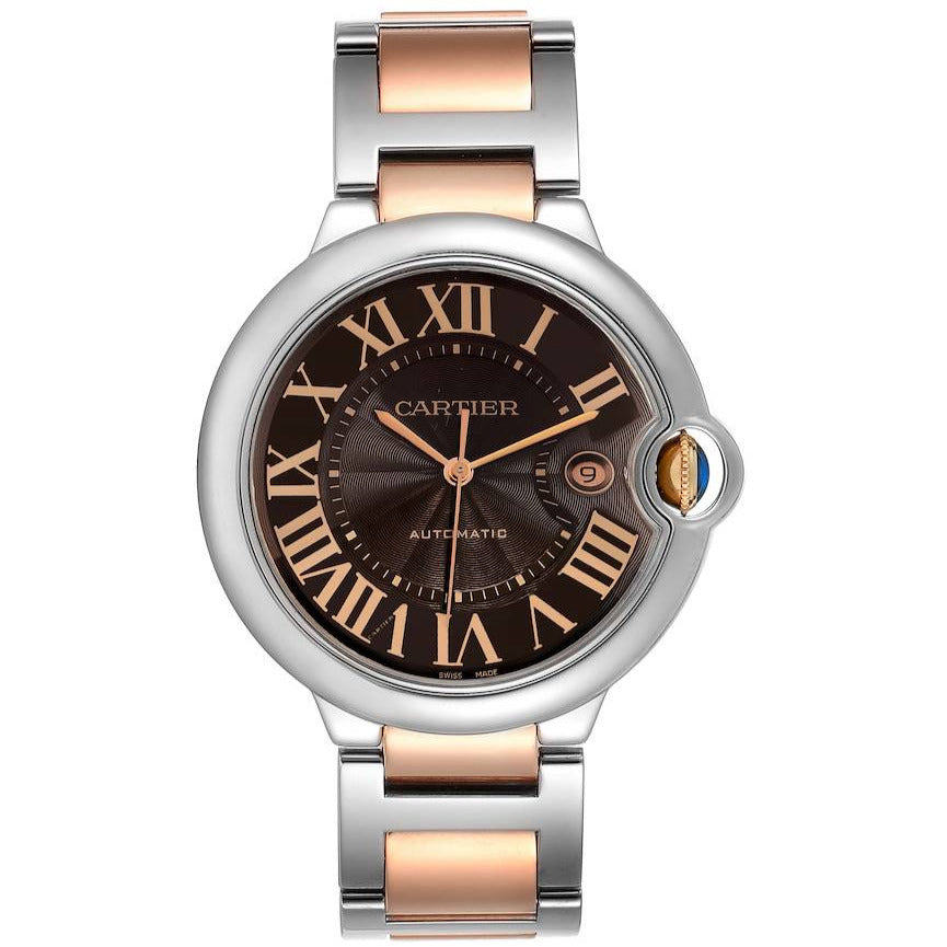 Men's Cartier 42mm Ballon Bleu Automatic Two Tone Rose Gold / Stainless Steel Watch with Roman Numeral Chocolate Guillochi Dial. (Pre-Owned W6920032)