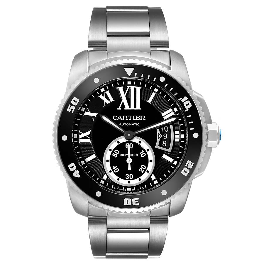 *Men's Cartier 44mm Calibre Automatic Stainless Steel Watch with Roman Numeral Black Dial and Rotating Bezel. (Pre-Owned Box/Manual W7100057)