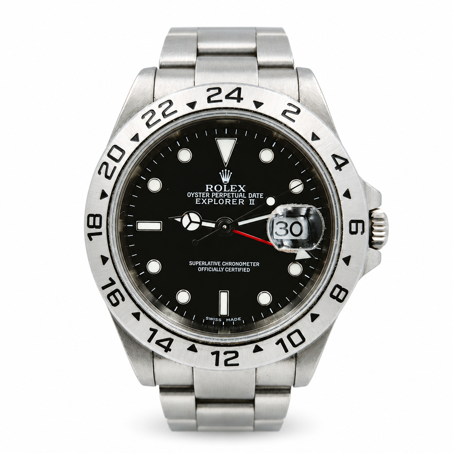 *2002 Men's Rolex 40mm Explorer II Stainless Steel Watch with Oyster Band and Black Dial. (Pre-Owned 16570)