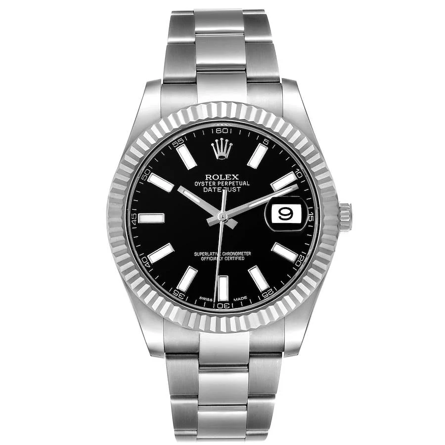 *Men's Rolex 41mm DateJust Stainless Steel Watch with Black Dial and Fluted Bezel. (Pre-Owned Box/Card 116334)