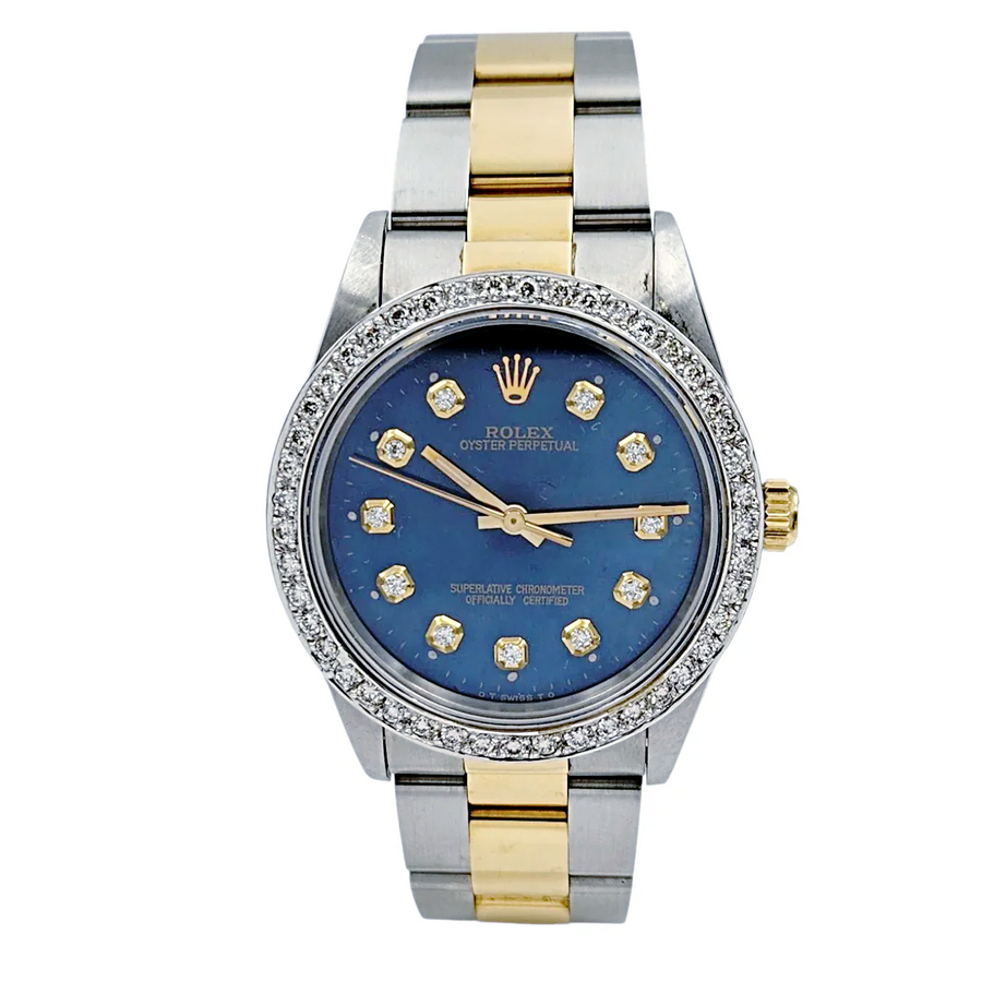 1994 Men's Rolex 36mm Oyster Perpetual Two Tone 18K Yellow Gold / Stainless Steel Watch with Blue Diamond Dial and Diamond Bezel. (Pre-Owned 14233)