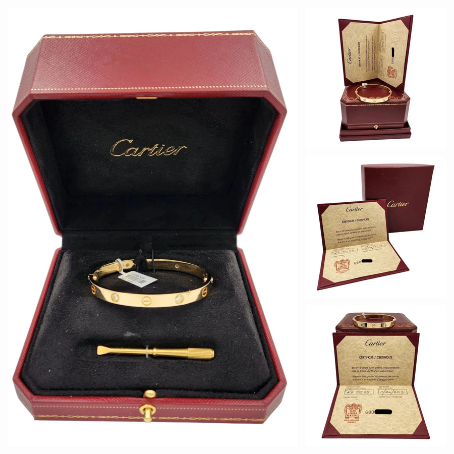 Ladies Cartier Love Bracelet with 4 Diamonds in 18K Yellow Gold - Includes Screwdriver, Cartier Box, and Cartier Paper. (Size 18 | RE 8235)