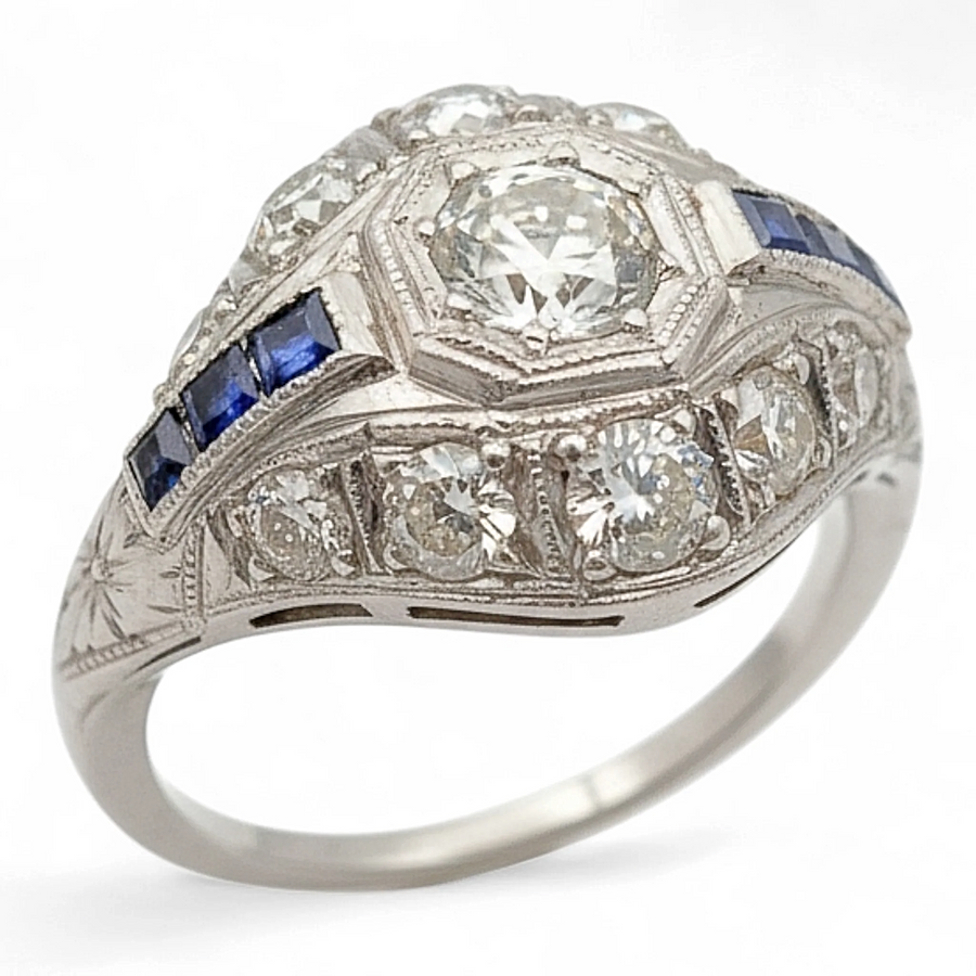 Estate Jewelry Platinum European Style Art Deco Ring with 1/2 Ct. Round Center Diamond. (Size 7.75)