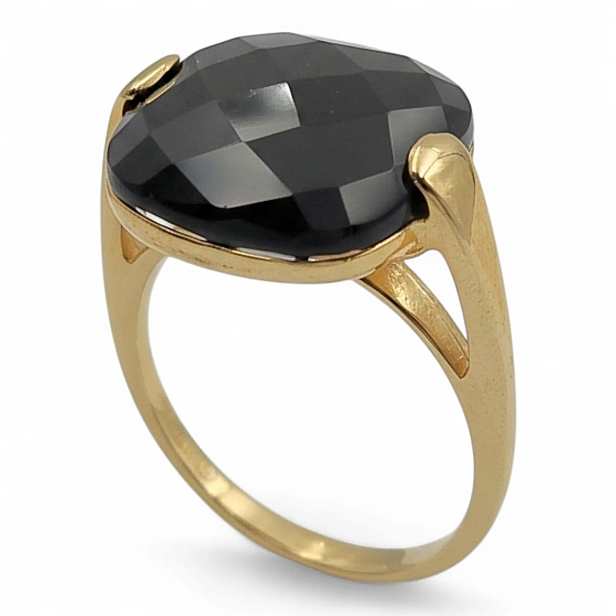 Estate Jewelry 14K Yellow Gold Exotic Retro Style Ring with 14mm Black Onyx. (Size 7.25)