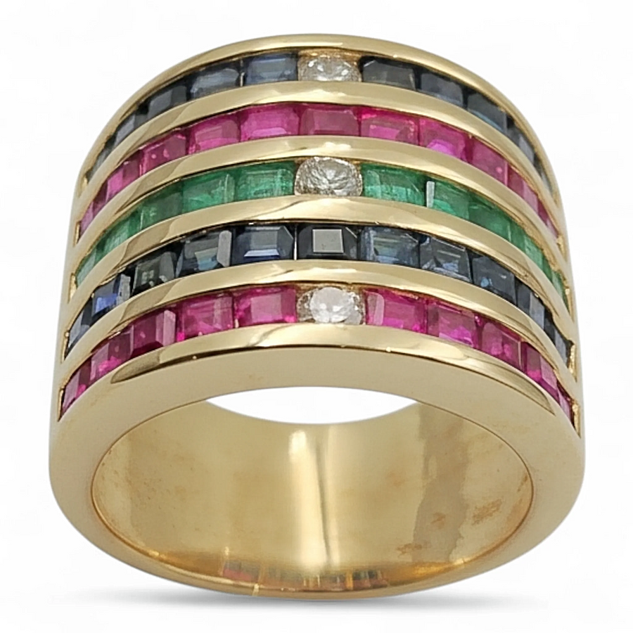 Estate Jewelry 14K Yellow Gold Multi Color Gemstone Wide Ring with Round Diamonds. (Size 7.0)