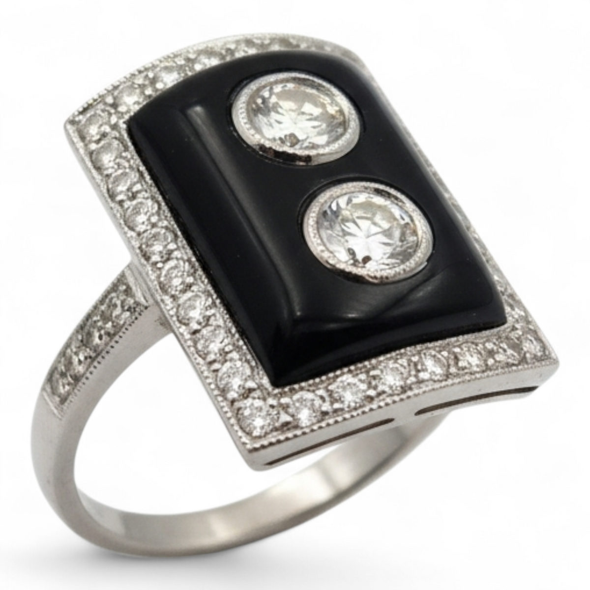 Estate Jewelry 18K White Gold European Style Art Deco Ring with 2 Round Diamonds. (Size 5.0)