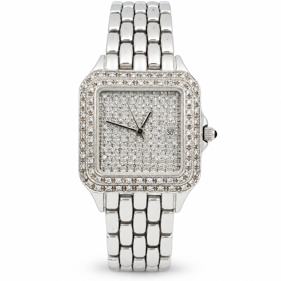 Unisex Geneve 14K White Gold Watch with Diamond Dial and Diamond Bezel. (Pre-Owned)