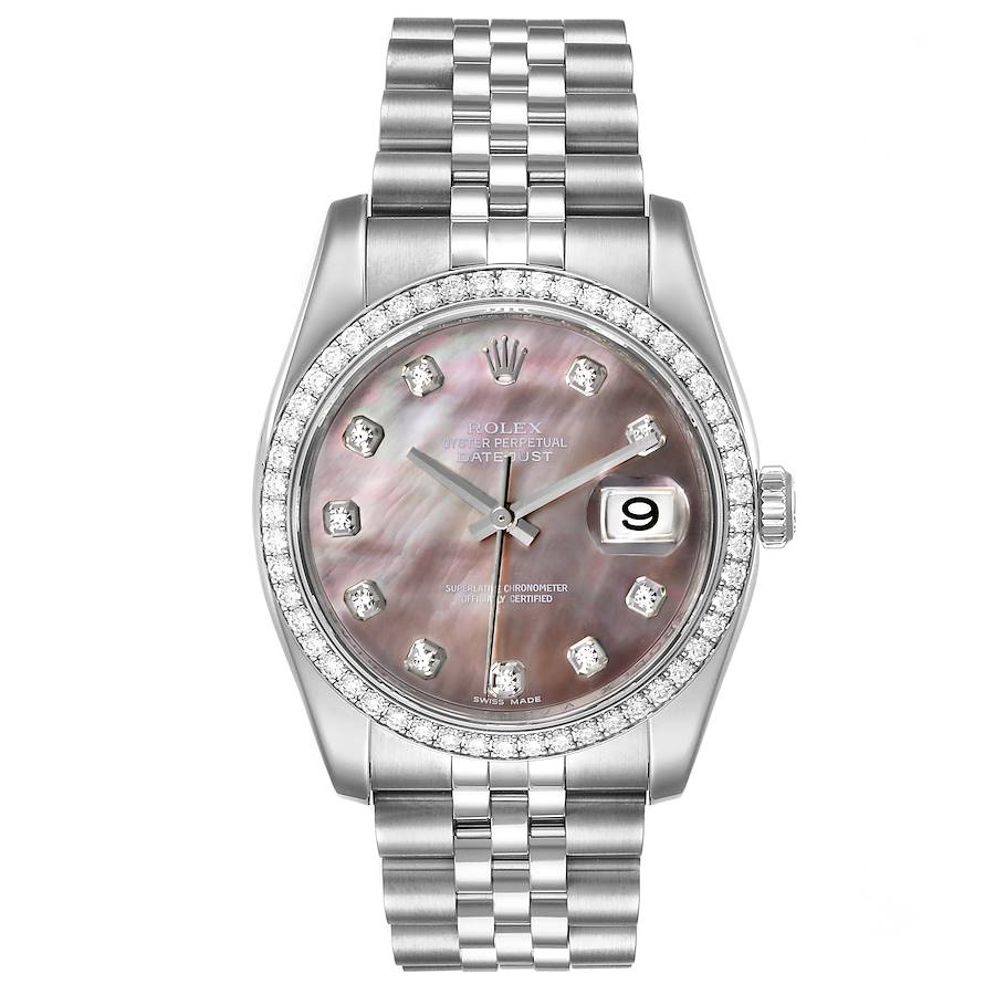 *Men's Rolex 36mm DateJust Stainless Steel Watch with Mother of Peal Diamond Dial and Diamond Bezel. (Pre-Owned Box/Card 116244)