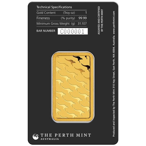 The Perth Mint Australia One Ounce (1 oz) Kangaroo Pure 99.99% Gold Minted Bar with Temper Evident Case.