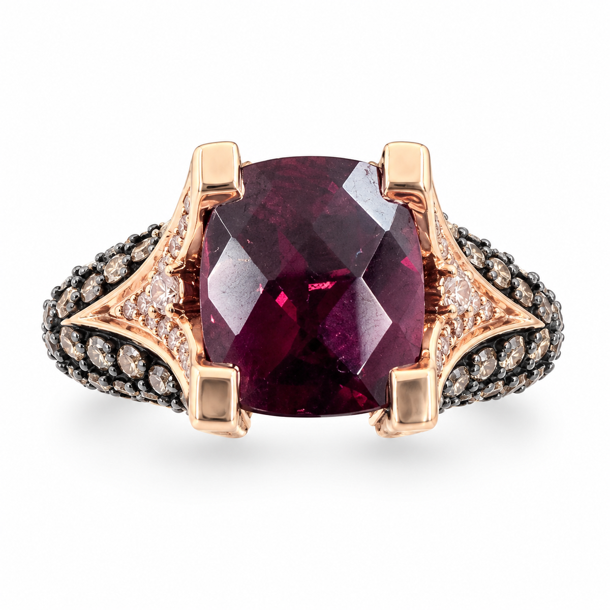 14K Rose Gold Ring with Cushion Cut Garnet and Diamonds. (Size 6.75)