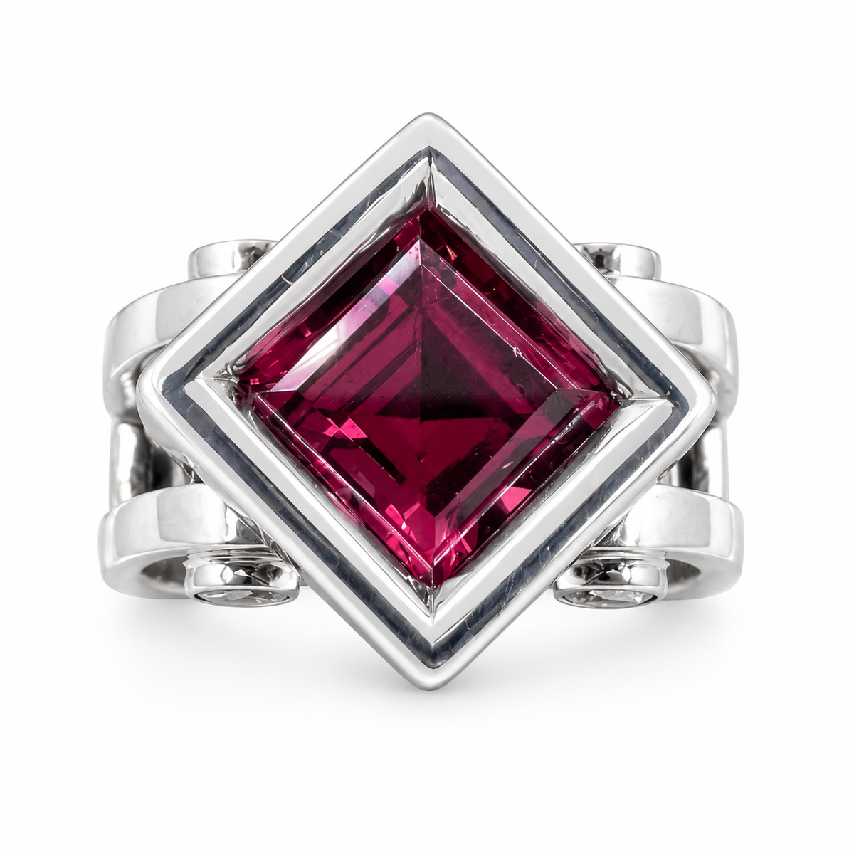 14K White Gold Ring with Princess Cut Pink Tourmaline and Diamonds. (Size 6.25)