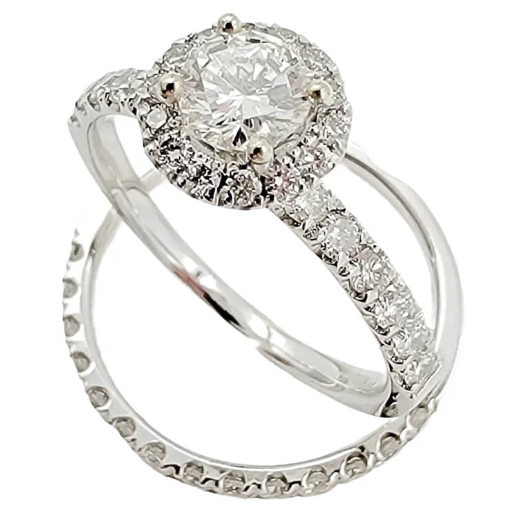 14K White Gold Halo Wedding Band Set.