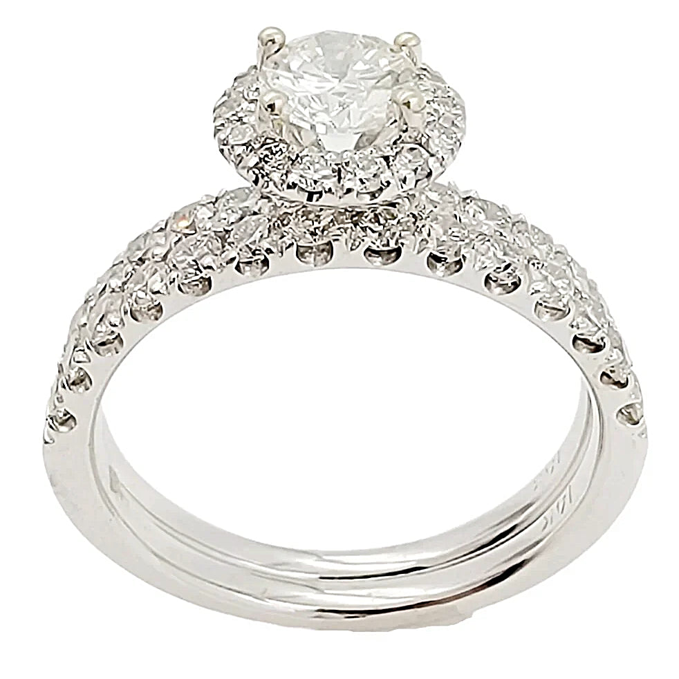 14K White Gold Halo Wedding Band Set.