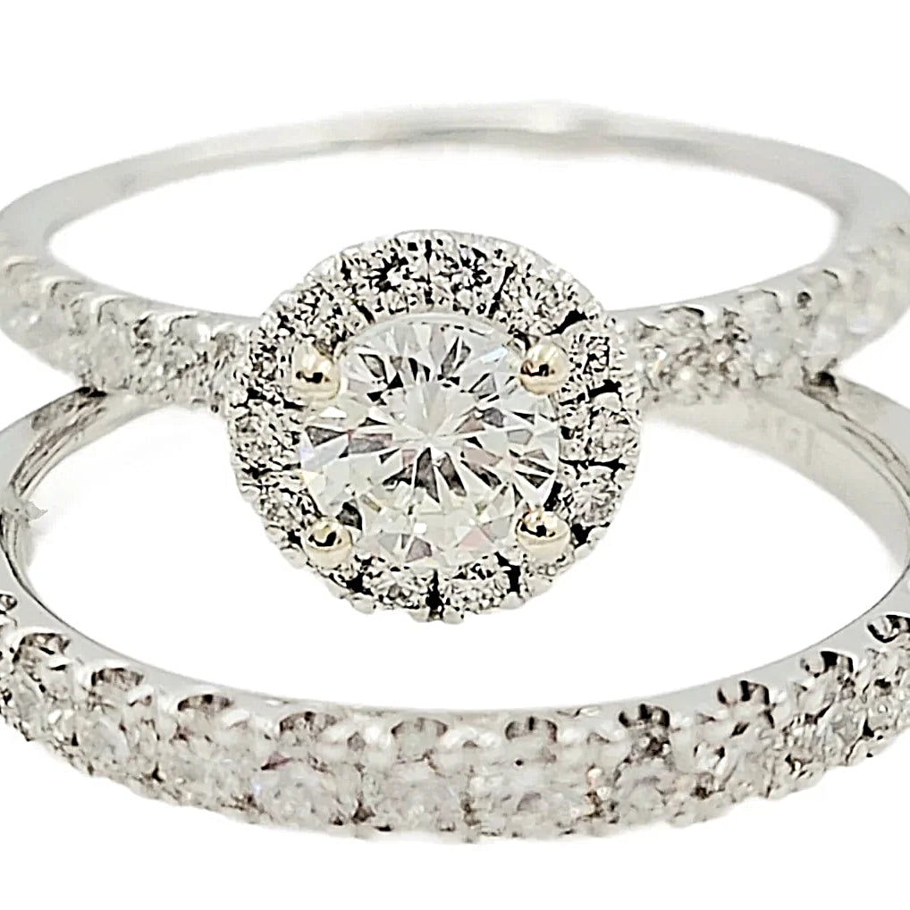 14K White Gold Halo Wedding Band Set.
