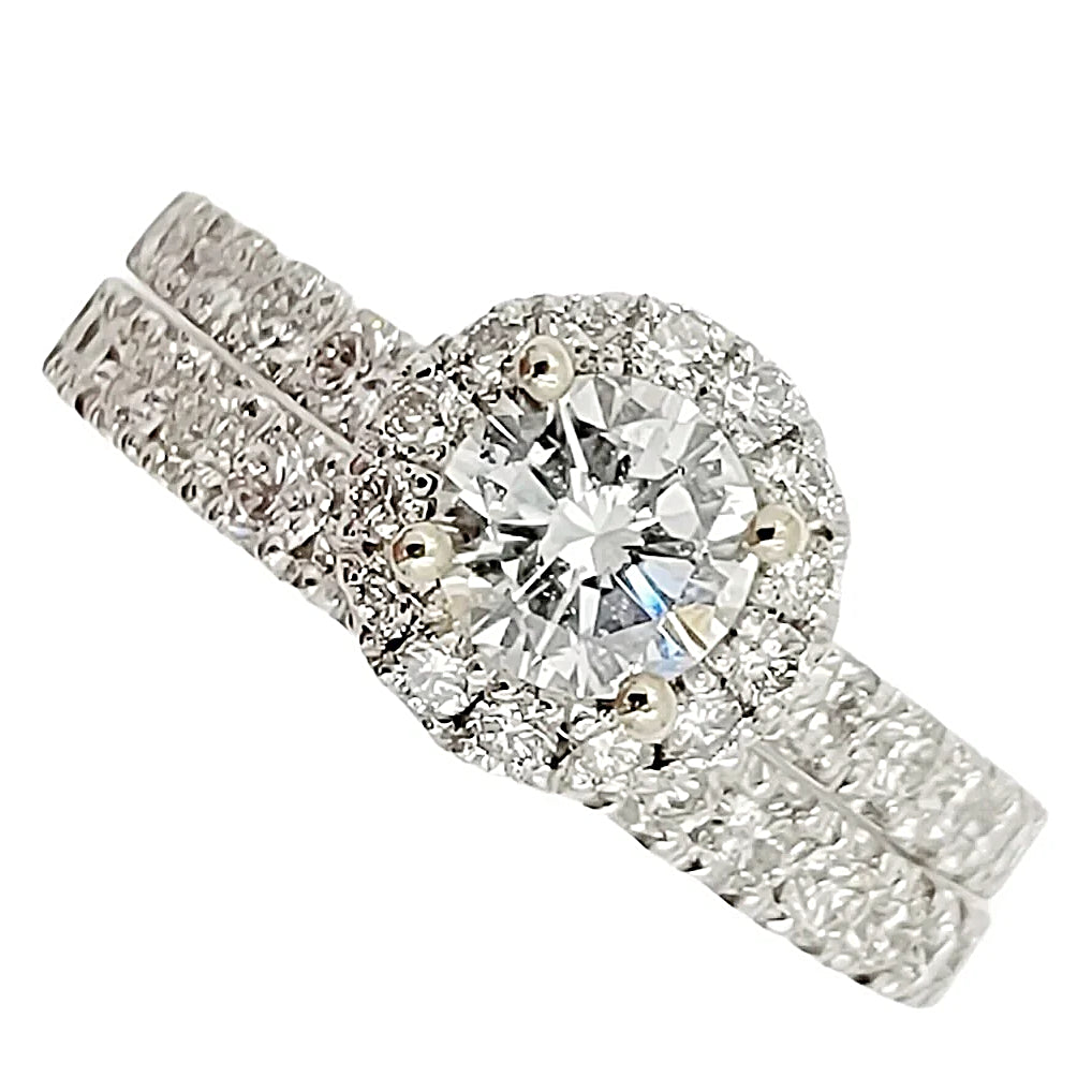 14K White Gold Halo Wedding Band Set.