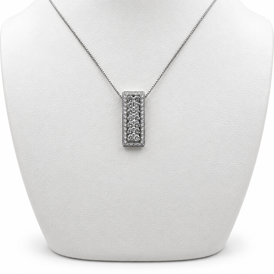 14k White Gold Bar Pendant with Diamonds and 17" Necklace.
