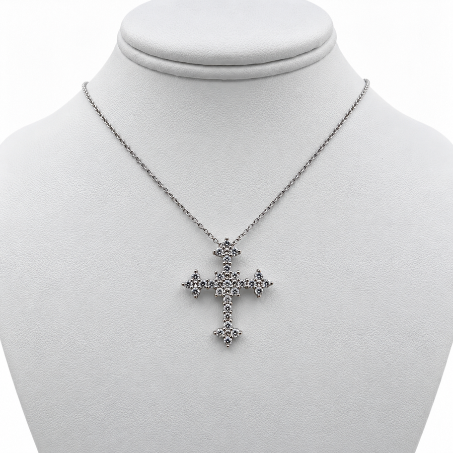14k White Gold Cross Pendant with Diamonds and 16" Necklace.