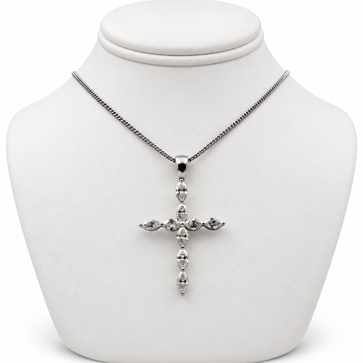 14k White Gold Marquise Diamond Cross Pendant with 15" Necklace.